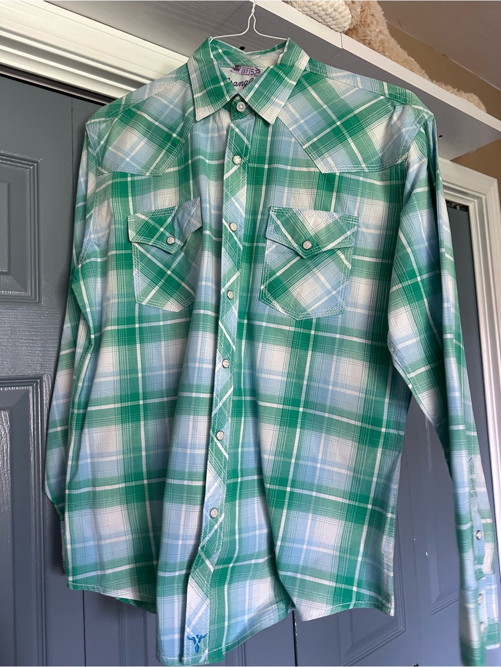 Wrangler Green and White Plaid Western Button-Down Shirt